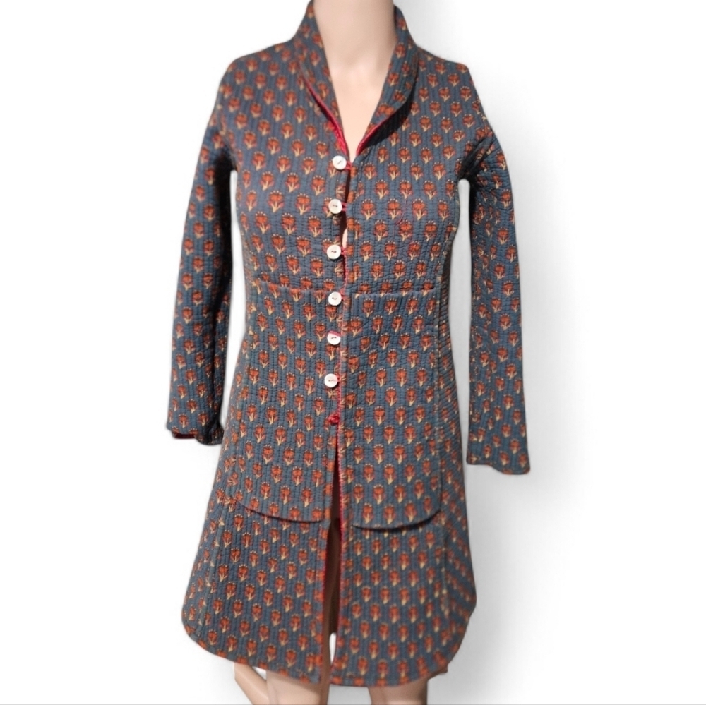 Vintage Reversible Quilted Folk Print Longline Jacket. Red/Teal Floral. XS/S - Picture 2 of 16